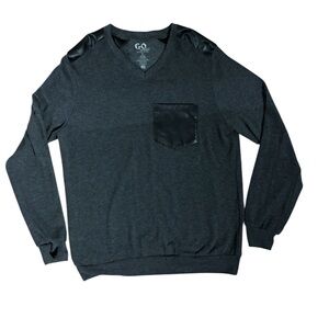 Go Couture Grey V-neck pocket pullover sweatshirt with faux leather detailing
